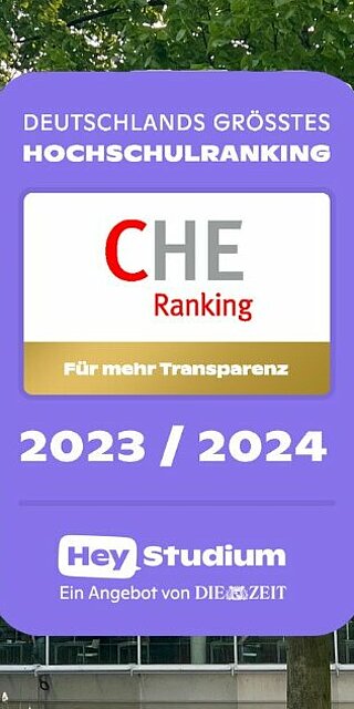 Das Logo des CHE-Rankings ist als Grafik vor einem Bild der Hochschule platziert.