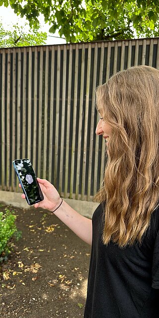 Eine junge Frau schaut auf ihr Smartphone.